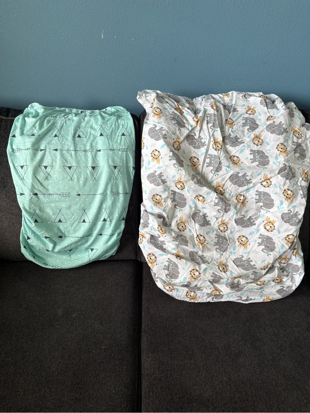 2 Nursery Crib Sheets Gray Animal Print (one is mini crib and other standard sz